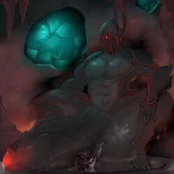 1:1 alien balls big_balls crouching huge_balls hyper hyper_penis male male_focus muscular muscular_male penis precum size_difference stalker_(warframe) veemecelli video_games warframe