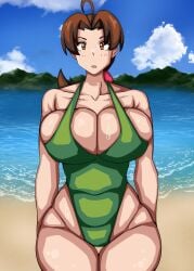 1girl beach_background big_breasts blush blush_lines chubby_belly delia_ketchum_(pokemon) fit_female grabbing_own_ass green_swimsuit legs_together looking_at_viewer mature_woman milf muscle_girl pokemon surprised sweatdrop sweating teamtgs tight_swimsuit waist