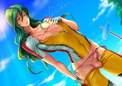 bikini bishonen bulge cupless_bikini erection femboy girly green_hair lactating lactation long_hair male male_lactation male_only nippleless_clothes nipples penis riko_(artist) solo standing testicles thong trap yowamushi_pedal yusuke_makishima