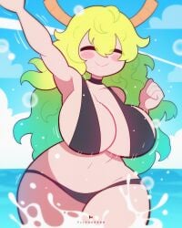 alternate_version_available beach big_breasts bikini closed_eyes dragon_horns flipherrrr green_hair horns lucoa miss_kobayashi's_dragon_maid ocean tagme wet yellow_hair