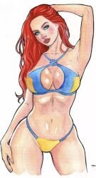 bikini blue_bikini curvy_figure jean_grey marvel marvel_comics marvel_girl phoenix_(x-men) red_hair redhair shy x-men