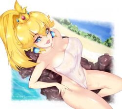 1girls beach blonde_hair blue_eyes breasts clouds crown darkmoney1 earrings female large_breasts looking_at_viewer mario_(series) naked_towel nintendo ocean on_rock outside ponytail princess_peach rock sky towel water