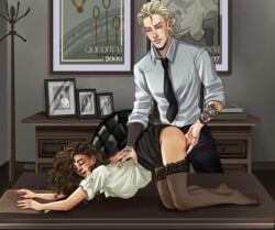 1boy 1boy1girl 1girls arched_back ass_up black_stockings blonde_hair brown_hair ceo closed_eyes clothed_sex curly_hair desk desk_sex draco_malfoy drawers fanon_couple feet female fingering hand_on_back harry_potter hermione_granger j.k.rowling looking_at_partner male male/female male_focus office_sex parchment pleasure_face secretary sex skirt_lift skirt_up smiling_at_partner straight tattoos wizarding_world