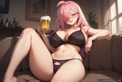 ahoge ai_generated beer blush bra cameltoe drinking drunk girl hair_over_one_eye hispanic_virtual_youtuber juninholara21 large_breasts long_hair neneefthy panties pink_hair seductive_look seductive_smile sensual sitting thick_thighs virtual_youtuber vtuber yellow_eyes