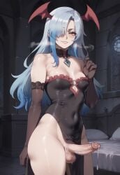 1futa ai_generated cum_drip erection futanari hair_over_one_eye jouthechou looking_at_viewer no_panties small_breasts succubus testicles visible_breath