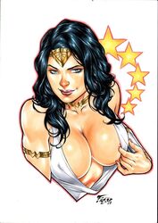 2018 amazon big_breasts black_hair blue_eyes breasts choker cleavage dated dc dc_comics diana_prince ed_benes_studio fred_benes goddess heroine human long_hair nail_polish nipples nipples_visible_through_clothing no_bra no_bra_under_clothes pink_nail_polish pink_nails pink_nipples robe robes shirt_pull shirt_slip shirt_tug signature solo stars superheroine themysciran tiara toga white_clothing wonder_woman wonder_woman_(series)