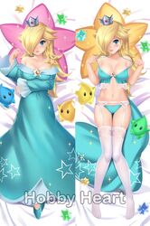 bare_shoulders bed bed_sheet blonde_hair blue_dress blue_eyes blush bra breasts cleavage clogs crown daki-makura dakimakura dakimakura_design dress female gem headpiece highres holding holding_bra holding_wand jewelry large_breasts lingerie long_hair long_sleeves looking_at_viewer luma lying mario_(series) moe_market navel nintendo nipples open_mouth panties pillow png princess_dress princess_rosalina pussy resized shy smile solo_focus star star_print super_mario_galaxy thighhighs underwear upscaled very_long_hair wand watermark