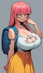 1girls :3 ai_generated backpack blunt_bangs cat_cutout cleavage cleavage_cutout huge_breasts kaina_(kosine1777) kosine1777 kosineverse long_hair oppai_loli original original_character pink_hair skirt tank_top valbun_style yellow_skirt young younger_female