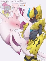 3:4 anthro anthro_on_anthro anthro_penetrated anthro_penetrating anthro_penetrating_anthro being_watched blue_eyes blush bodily_fluids dialogue female female_penetrated fur generation_1_pokemon generation_6_pokemon generation_7_pokemon genital_fluids genitals grey_body group hi_res hoopa itz_smi73 legendary_pokemon looking_at_another male male/female male_penetrating mega_evolution mega_mewtwo mega_mewtwo_y mew_(pokemon) mewtwo nintendo open_mouth penetration penis pink_body pokemon pokemon_(species) pussy sex simple_background smile sweat tail tears vaginal_fluids vaginal_penetration vaginal_penetration white_background white_body yellow_body yellow_fur zeraora