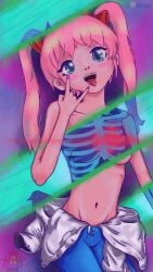 5_fingers bare_shoulders blue_eyes bones breasts heart octa0 open_mouth open_mouth pants pink_hair ribcage ribs skeleton tongue tongue_out x-ray