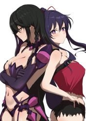 2d 2d_(artwork) 2girls armored_female ass bed belly_button black_hair breasts brown_eyes costume_swap date_a_live light-skinned_female long_hair medium_breasts purple_eyes purple_hair ribbon shirt shorts swapped_clothes tales_of_(series) tales_of_berseria thick_thighs thighs velvet_crowe yatogami_tohka