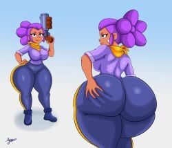 1girls ass ass_focus ass_grab big_ass big_breasts boobs brawl_stars breasts brown_skin bubble_ass juuzouthegoat pants purple_hair shelly_(brawl_stars) thick_legs thick_thighs thighs