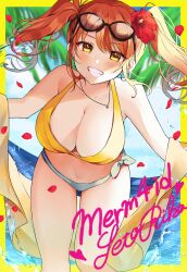 beach big_breasts blush border d4dj flower_petals seto_rika swimsuit text thick_thighs water yam_(yamap_mako)