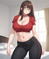 1woman ai_generated bangs bed bedroom big_breasts bitch bitch_collar black_yoga_pants brown_eyes brown_hair brown_hair cameltoe college_girl college_student crop_top curvy_hips dog_collar female freeuse_whore glasses hotel_room hourglass_figure imminent_gangbang imminent_sex kuro_inazuma large_breasts long_hair naive navel non_nude pink_dog_collar red_shirt scantily_clad slender_body slender_waist sportswear straight_hair voluptuous wide_hips