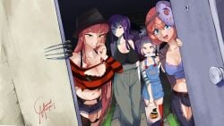 1boy 4girls blue_eyes carmach101 cleavage doki_doki_literature_club doorway green_eyes halloween halloween_costume knife looking_at_viewer monika_(doki_doki_literature_club) natsuki_(doki_doki_literature_club) sayori_(doki_doki_literature_club) son_goku torn_clothes yuri_(doki_doki_literature_club)