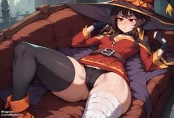 1girls ai_generated bagharen bandages black_panties brown_hair cameltoe cape couch expressionless female_only fingerless_gloves flat_chest hair_between_eyes high_resolution highres kono_subarashii_sekai_ni_shukufuku_wo! lying lying_on_back megumin on_back red_dress red_eyes self_upload short_dress short_hair sidelocks skindentation slim_waist small_breasts solo thick_thighs thighhighs thighs uneven_legwear wide_hips witch_hat