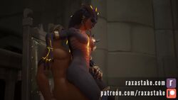 1boy 1girls 3d alternate_costume animated dark-skinned_male dragon_symmetra erection fellatio female from_behind handjob male nude oral overwatch penis raxastake sex sound straight symmetra video