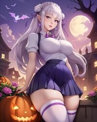 ai_generated big_breasts breasts covered_breasts detailed detailed_background elf elf_ears elf_female emilia_(re:zero) firm_breasts from_below halloween halloween_costume large_breasts long_hair looking_at_viewer miniskirt moon mooning pose posing posing_for_the_viewer re:zero_kara_hajimeru_isekai_seikatsu round_breasts school_uniform schoolgirl schoolgirl_uniform seducing seduction seductive seductive_body seductive_eyes seductive_gaze seductive_look seductive_mouth seductive_pose seductive_smile skirt sky4maleja standing thick_thighs thighhighs tight_clothes tight_clothing