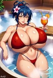 ai_generated breasts dark_blue_hair flower_in_hair gigantic_breasts holding_cocktail hot_tub huge_breasts kunoichi looking_at_viewer manyuu_chifusa manyuu_hikenchou massive_breasts milf ponytail posing red_bikini relaxing samurai self_upload stable_diffusion sweat unclego voluptuous yellow_eyes