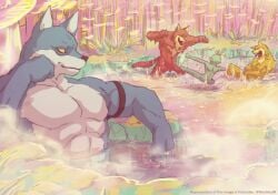 abs anthro basil_(dragon_ball) bathing bergamo biceps dragon_ball dragon_ball_super feral group humanoid lavender_(dragon_ball_super) maddy_(artist) male male_focus male_only muscular muscular_male pecs roh_(dragon_ball)