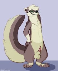 animal_genitalia anthro balls bodily_fluids domestic_ferret erection eyewear fluffy fluffy_tail genital_fluids genitals glasses green_eyes hand_on_hip hi_res looking_at_viewer male mammal milo_(slimyjaws) mustelid musteline precum sheath simple_background slimyjaws smile solo tail true_musteline weasel