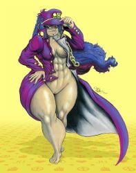 abs asian asian_female big_ass big_hips black_eyes breasts cosplay female glitch_techs jojo's_bizarre_adventure jotaro_kujo_(cosplay) miko_kubota naughty_face purple_hair semi-naked semi-nudity simple_background smiling smiling_at_viewer strong_woman tezca_moran trenchcoat uniform wide_hips