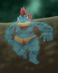 3_toes 4:5 5_fingers anthro armpit_hair belly biped blue_body blue_scales body_hair chest_hair claws crocodilian feet feraligatr finger_claws fingers generation_2_pokemon genitals hi_res male male_anthro muscular muscular_anthro muscular_male navel nintendo nipples orange_eyes overweight overweight_anthro overweight_male pokemon pokemon_(species) pubes red_body red_body_hair reptile ruffonaut_(artist) scales scalie solo swimming teeth toe_claws toes