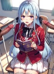 1girl advanced_nurturing_high_school_uniform ai_generated angry_female blue_hair censored classroom_of_the_elite cum cum_on_clothes cum_on_face female_focus group_masturbation in_classroom interruption kiroyan leggings long_hair open_mouth penis reading_book red_blazer school_uniform shiina_hiyori sitting_on_chair white_skirt