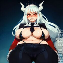 ai_generated big_breasts embarrassed headletzer helltaker horns lucifer_(helltaker) simple_background tagme white_hair wide_hips