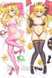 2girls babydoll black_bra black_lingerie black_panties blonde_hair blue_eyes bowsette bra breasts choker crown earrings high_heels holding_panties horns large_breasts lingerie long_hair looking_at_viewer mario_(series) midriff moe_market navel nintendo panties pillow pink_babydoll pink_lingerie pink_panties princess_peach super_crown thighhighs