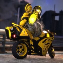 ass_bigger_than_torso big_ass big_breasts biohazard_symbol breasts bubble_butt caution_sign ember_(warframe) female huge_ass huge_breasts looking_over_shoulder motorcycle qzk_forte radioactive_sign sitting tagme thick_thighs warframe wide_hips yellow yellow_body