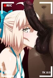 1boy 1boy1girl 1girl :>= ai_generated ball_worship bikini blue_bow cheating cheating_girlfriend dark-skinned_male fat_man fate_(series) female girthy_penis hairy_male interracial large_penis looking_at_viewer medium_breasts netorare okita_souji_(fate) okita_souji_(fate)_(all) recording straight sucking_testicles testicle_sucking testicles veiny_penis waroffree white_bikini worship worshiping