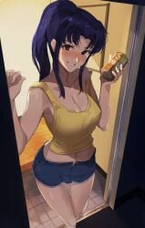 bangs bare_shoulders blush breasts brown_eyes exposed_breasts female female_only long_hair looking_at_viewer misato_katsuragi necklace neon_genesis_evangelion nipples no_bra parted_bangs pendant purple_hair smile solo standing