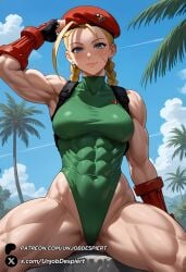 ai_generated beach_background blonde_hair blue_eyes cammy_white military muscular_female smiling_at_viewer street_fighter unjobdespiert