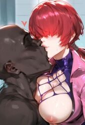 1girls ai_generated bald big_breasts breasts breasts_out busty chocopizza clothed dark-skinned_male dark_skin female heart huge_breasts interracial jacket king_of_fighters kissing light-skinned_female light_skin long_hair nipples no_bra pale-skinned_female pale_skin pink_clothing red_hair shermie_(kof) thick tied_hair tits_out voluptuous voluptuous_female wardrobe_malfunction