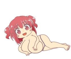 1girls areola_slip areolae artist_request barefoot blue_panties breasts chibi chibi_style covered_nipples covering_nipples dot_nose female gyate_gyate hair_bobbles huge_breasts komachi_onozuka long_hair lying meme open_mouth panties red_eyes red_hair smile solo topless topless_female touhou transparent_background twintails