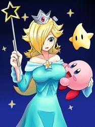 areolae blonde_hair blue_background blue_eyes blush_stickers breasts collarbone crown dress earrings eld_(ljhlee12) female gradient gradient_background hair_over_one_eye jewelry kirby kirby_(series) luma mario_(series) navel nintendo open_mouth princess_rosalina super_mario_galaxy uncensored wand