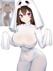 1girls bedsheet_ghost big_breasts blush breasts brown_hair cleavage clothed clothing ear eyebrows eyelashes eyes female female_only hair long_hair rainenleaf solo solo_focus stomach strip_game text thighs white_background