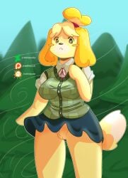 absurd_res animal_crossing anthro bottomwear breasts brown_eyes brown_nose canid canine canis clothed clothing day dipstick_tail domestic_dog eyebrows female fur genitals hair hi_res isabelle_(animal_crossing) mammal markings nintendo outside plant pussy rabbitpunk shirt skirt solo standing tail tail_markings tan_body tan_fur tan_hair tan_pussy topwear toy_dog tree vest