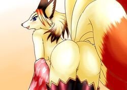 anthro asian_mythology ass bent_over blush boots canid canine clothing east_asian_mythology female female_only footwear fox fox_spirit hakumen legwear mako_030201 mammal multi_tail mythology presenting presenting_hindquarters solo thigh_boots thigh_highs tokyo_afterschool_summoners undressing video_games