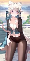 1girls animal_ear_fluff animal_ears animal_tail ankles aqua74286 belly belly_button bikini bikini_bottom bikini_top blue_bikini blue_bikini_top blue_hair_ribbon blue_ribbon blue_string_bikini blue_swimsuit blue_swimwear blush blush_face blushed_face blushing_at_viewer blushing_face blushing_female breasts brown_legwear brown_pantyhose brown_stockings calves cleavage collarbone day daylight daytime dot_nose embarrassed embarrassed_exposed_female embarrassed_expression embarrassed_female fair_skin feet female female_focus female_only fingernails fingers full_body genshin_impact groin hair_ribbon high_resolution highres hourglass_figure knees large_breasts lean_body lean_figure legs legwear light-skined_female light-skinned light-skinned_female light_skin light_skin_female light_skinned light_skinned_female looking_at_viewer lynette_(genshin_impact) narrow_waist navel on_knees outdoor outdoors outside pale pale-skinned_female pale_skin pale_skinned_female pantyhose parted_bangs ribbon short_hair shoulders sitting sitting_on_ass sitting_on_floor sitting_on_ground sitting_on_knees slender_body slender_waist slim_girl slim_waist smooth_skin solo stockings string_bikini swimsuit swimwear thick_thighs thighs thin_waist v-line white-skinned_female white_skin wide_hips