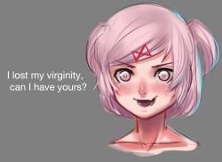 asking asking_a_question asking_for_sex doki_doki_literature_club english_text lolisakuya natsuki_(doki_doki_literature_club) pink_eyes pink_hair requesting_sex text