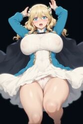 1girls ai_generated arms_above_head ashitaka_(artist) big_breasts blonde_hair blue_eyes falling female large_breasts looking_at_viewer lulunarde_(wizardry_variants_daphne) nipples_visible_through_clothing scared_expression see-through_clothing sweating thick_thighs wizardry wizardry(daphne) wizardry_variants_daphne