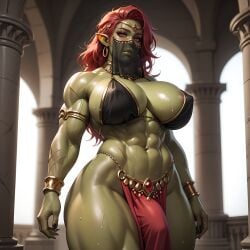 abs ai_generated arabian_clothes big_breasts bulge_under_clothes eogard_orc exotic_dancer face_veil futanari gold_jewelry green_skin huge_breasts loincloth looking_down_at_viewer muscular muscular_futanari orc orc_futanari pointy_ears red_eyes red_hair scars self_upload solo solo_futa stable_diffusion thick_thighs