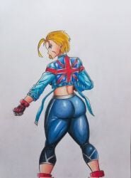 1girls ass ass_focus blonde_hair british cammy_white ettugs from_behind gloves jacket looking_at_viewer looking_back pants scar short_hair street_fighter street_fighter_6 thick thick_ass thick_thighs traditional_art traditional_media_(artwork)