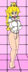 1girls ball_gag blonde_hair blue_eyes bondage bottomless bound breasts crotch_strap crown doctor-awkward earrings female female_only femsub gag gagged large_breasts long_hair looking_at_viewer mario_(series) nintendo padded_room princess_peach straitjacket