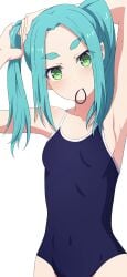 aqua_hair arm_up armpits bare_arms bare_shoulders belly_button_visible_through_clothing blush breasts camui1104 collarbone green_eyes groin hair_tie_in_mouth long_hair monogatari_(series) mouth_hold one-piece_swimsuit ononoki_yotsugi school_swimsuit shiny_skin small_breasts swimsuit twintails tying_hair