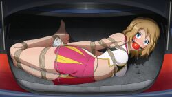 1girls angry ball_gag bare_legs blonde_hair bondage bound_legs bound_wrists car_trunk gag gagged helpless kidnapped pokemon serena_(pokemon) struggling taped_hands