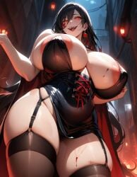 ai_generated areolae big_breasts black_hair black_legwear black_stockings blood breasts breasts_bigger_than_head cleavage corset curvy curvy_body curvy_female curvy_figure curvy_hips garter_straps halloween huge_areolae huge_breasts looking_at_viewer massive_breasts mature_female mommy morgana_(starlightnex) nipple_bulge original original_character red_eyes red_lipstick sharp_teeth size_difference smile smiling_at_viewer starlightnex taller_girl thick_ass thick_hips thick_legs thick_thighs vampire very_long_hair