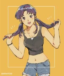 1girls alternate_hairstyle bangs bare_shoulders blush breasts brown_eyes cute female female_only fringe light-skinned_female long_hair looking_at_viewer misato_katsuragi necklace neon_genesis_evangelion nipples no_bra parted_bangs pendant petite purple_hair sfw shiso skinny slim smile solo standing teenager twintails